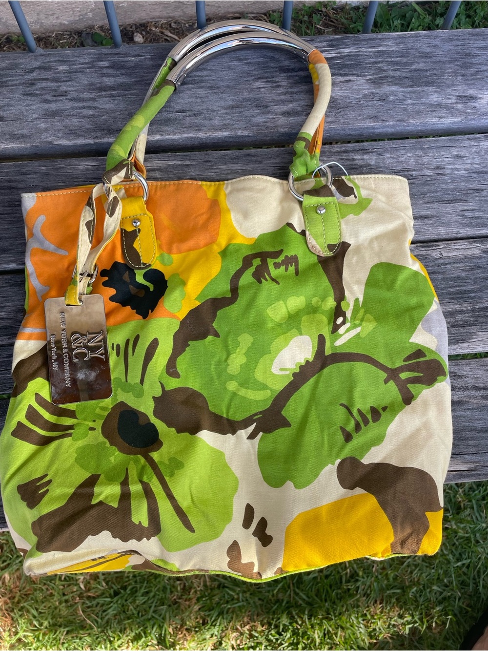 New York & Company Green, Yellow & Orange Floral Canvas Tote